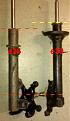 e30 stock strut length compared to e36 stock strut length. Ground Control "e36 on e30" kit uses special strut housings that are shorter than either of these.
(e36 strut shown in picture has had stock perch removed, but is otherwise stock length)